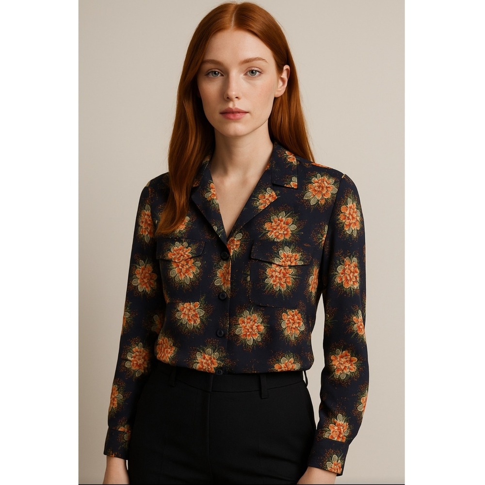 Jenny Han Floral Silk Button-up Shirt XS Roll-Sleeves Lightweight Office Fall